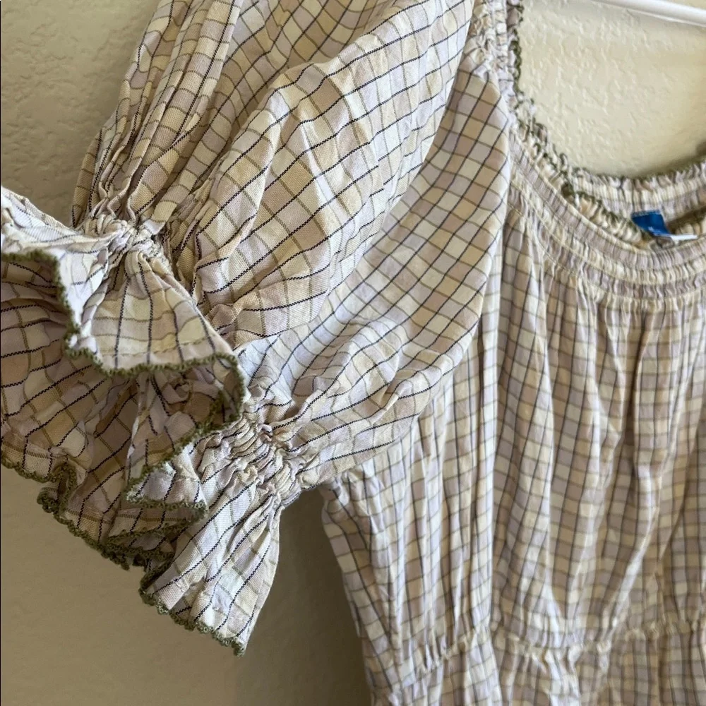 Old Navy Cream Plaid Square-Neck Midi Dress with Puff Sleeves - Picture 3 of 6